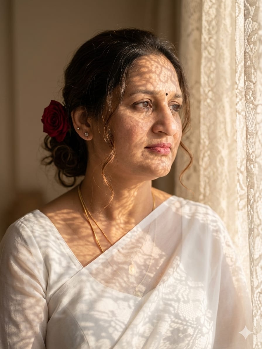 Ruchita in a white saree, a red rose in her hair, dappled lace light on her face