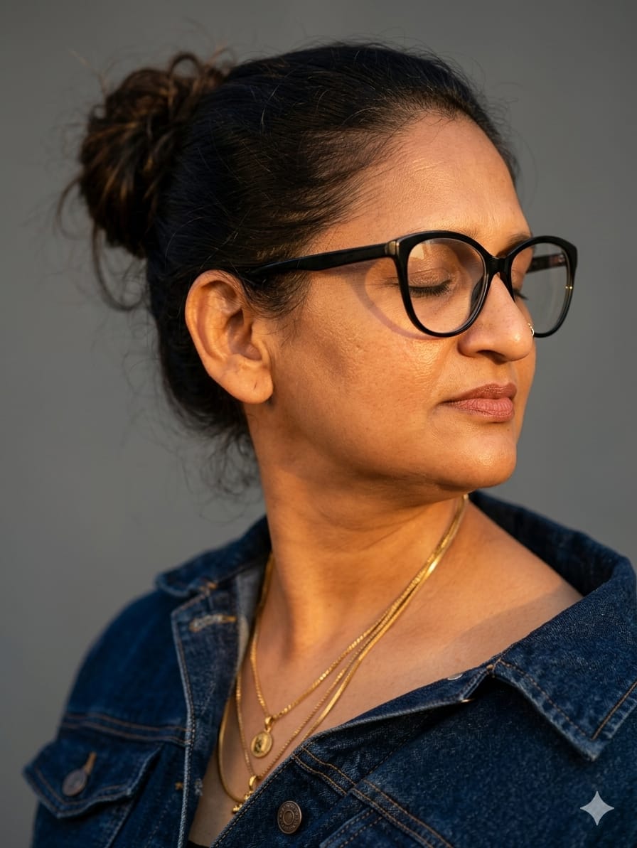 Ruchita Joshi in profile, eyes closed in quiet attention